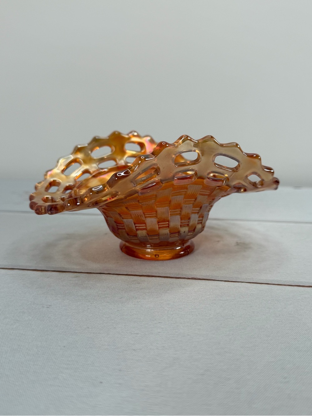 Vintage Fenton Marigold Carnival Glass Open Edge Basketweave Basket